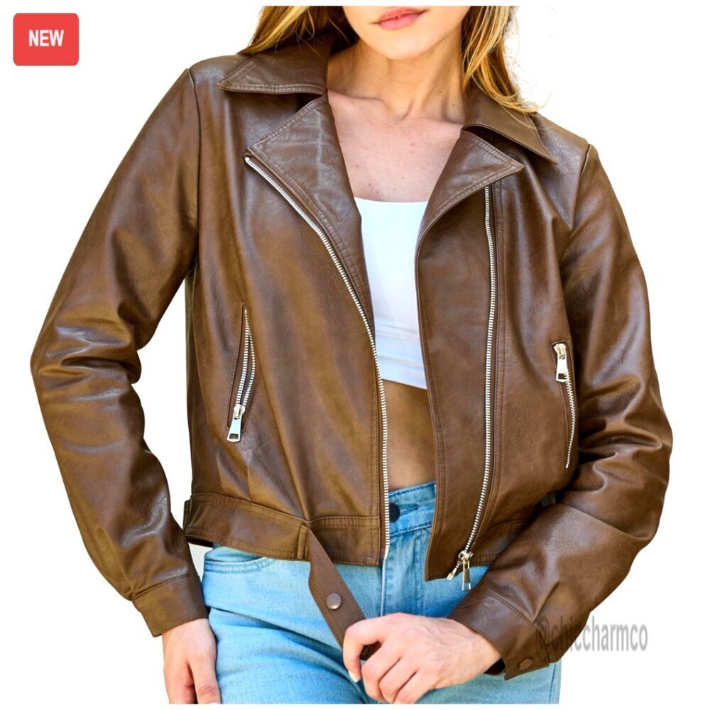 Faux Leather Cropped Motorcycle Jacket Slim Fit Lightweight Biker Style Classic